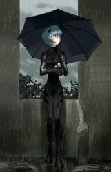 1girl artist_request ayanami_rei black_bodysuit blue_hair bodysuit evangelion:_3.0+1.0_thrice_upon_a_time expressionless full_body holding holding_umbrella interface_headset_(evangelion) looking_to_the_side mecha_pilot_suit neon_genesis_evangelion plugsuit_(evangelion) rain rebuild_of_evangelion ruins short_hair solo source_request standing third-party_source umbrella