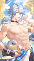 Rule 34 | 1boy, abs, animal, animal on shoulder, antenna hair, bathhouse, biceps, black choker, blue eyes, blue sky, body markings, bracer, bright pupils, chinese commentary, choker, collarbone, commentary, commentary request, cowboy shot, curtained hair, day, english commentary, gold armlet, highres, holding, holding towel, honkai: star rail, honkai (series), kangetsu (fhalei), looking at viewer, male focus, mixed-language commentary, nipples, open mouth, pectoral cleavage, pectorals, phainon (honkai: star rail), seal (animal), short hair, single bracer, sky, soap, solo, sparkle, sunlight, sweat, symbol in eye, tiles, toned, toned male, topless male, towel, very short hair, very sweaty, washbowl, white hair, wiping face, wiping sweat, yellow pupils
