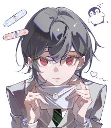 1girl bandaid bang_dream! bang_dream!_it&#039;s_mygo!!!!! chinese_commentary commentary_request diagonal-striped_clothes diagonal-striped_necktie earrings green_necktie grey_hair grey_jacket highres jacket jewelry koko52ay letter necktie red_eyes short_hair simple_background single_earring solo striped_clothes takamatsu_tomori upper_body white_background