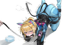 1boy 1girl absurdres all_fours anal anal_beads anal_object_insertion anal_tail animal_ears animal_hands ass bdsm bit_gag blonde_hair blue_eyes blush bondage bondage_cuffs bound butt_plug collar collarbone fake_animal_ears fake_tail gag gagged gdhs gloves highres human_dog leash long_hair looking_at_viewer metroid nintendo object_insertion paw_gloves pet_play restrained saliva samus_aran sex_toy slave tail