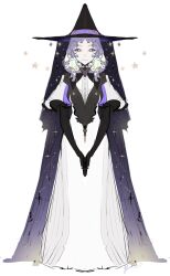1girl :| black_sleeves black_veil brooch closed_mouth colored_inner_hair dress elbow_gloves full_body gloves hat highres jewelry looking_at_viewer messy_hair multicolored_hair original own_hands_together puffy_sleeves purple_eyes purple_hair simple_background solo sparkle star_(symbol) star_print veil very_long_veil white_background white_dress witch_hat yoimon