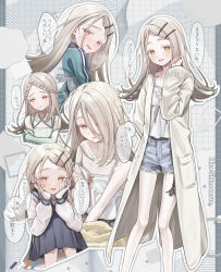 Rule 34 | 1girl, absurdres, bandaid, bandaid on face, blonde hair, blue shorts, blush, braid, brown eyes, camisole, character name, coat, collarbone, colored eyelashes, denim, denim shorts, flat chest, flipped hair, gakuen idolmaster, hair ornament, hair over one eye, hairclip, highres, idolmaster, long hair, looking at viewer, multiple views, off shoulder, outline, pale skin, parallel hairclips, school uniform, serafuku, shinosawa hiro, short shorts, shorts, smile, speech bubble, steam, translation request, vs0mr, white camisole, white coat