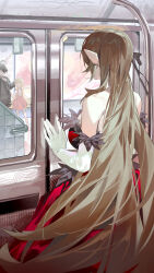 1boy 1girl absurdres ahoge araragi_koyomi bare_shoulders barefoot black_hair black_ribbon blonde_hair breasts cleavage donut dress elbow_gloves feather-trimmed_dress feather-trimmed_gloves feather_trim food gloves hair_over_one_eye hair_ribbon highres kiss-shot_acerola-orion_heart-under-blade kizumonogatari large_breasts long_hair monogatari_(series) omurice_(304975636) oshino_shinobu pink_dress pointy_ears red_dress ribbon short_hair strapless strapless_dress train_interior train_station vampire very_long_hair white_gloves yellow_eyes