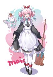 1girl absurdres apron aqua_eyes aqua_hair black_dress black_shoes broom commentary_request dress highres holding holding_broom honkai:_star_rail honkai_(series) hyacine_(honkai:_star_rail) little_ica_(honkai:_star_rail) maid maid_apron maid_headdress medium_hair multicolored_hair open_mouth pantyhose shoes twintails two-tone_hair white_background white_pantyhose xi7o2