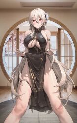 1girl absurdres arm_strap bare_shoulders black_dress breasts china_dress chinese_clothes cleavage clothes_lift clothing_cutout commission dress dress_lift flower glitter_dress hair_between_eyes hair_flower hair_ornament highres large_breasts legs_apart lethe_rin lifting_own_clothes long_hair looking_at_viewer muloli no_bra no_panties original pelvic_curtain red_eyes scrunchie second-party_source sleeveless sleeveless_dress solo standing thigh_strap thighs underboob underboob_cutout very_long_hair white_hair wrist_scrunchie