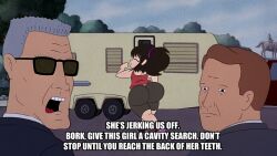 1girl 2boys agent_bork agent_flemming ass beavis_and_butt-head black_hair black_shorts brown_hair camper_trailer closed_eyes clueless day derivative_work grey_hair highres huge_ass loli long_hair looking_at_another mizuki_ichiro multiple_boys open_mouth outdoors parody ponytail recreational_vehicle red_shirt rokku-d scene_reference screenshot_redraw shirt shorts sky statue sunglasses talking third-party_edit trailer walking