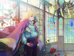 1boy blonde_hair blue_eyes calcifer coat earrings flower high-waist_pants howl_(howl_no_ugoku_shiro) howl_no_ugoku_shiro jacket jacket_on_shoulders jewelry light looking_down male_focus pants petals saya_(mychristian2) stained_glass studio_ghibli