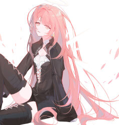1girl absurdres arknights black_boots black_dress black_jacket black_shorts boots cropped_jacket detached_wings dress energy_wings halo highres jacket lace-up_boots lemuen_(arknights) long_hair long_sleeves looking_at_viewer looking_to_the_side parted_lips paya_32 pink_eyes pink_hair romaji_commentary short_shorts shorts sitting solo thigh_boots white_halo wings zipper