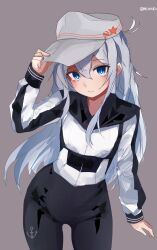Rule 34 | 1girl, adjusting clothes, adjusting headwear, alternate costume, anchor symbol, blue eyes, commentary request, cowboy shot, double-parted bangs, flat cap, frown, grey hair, hair between eyes, hammer and sickle, hat, hat pin, hibiki (kancolle), highres, kantai collection, long hair, long sidelocks, looking at viewer, miron (mirona33), racing suit, sidelocks, solo, standing, star pin, twitter username, verniy (kancolle), very long hair, white hat