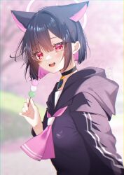 Rule 34 | 1girl, :d, absurdres, animal ears, black choker, black hair, black hoodie, blue archive, blurry, blurry background, blush, cat choker, cat ears, cat girl, choker, colored inner animal ears, colored inner hair, commentary, dango, day, extra ears, food, from side, halo, hand up, highres, holding, holding food, hood, hood down, hoodie, kazama gorou, kazusa (blue archive), long sleeves, looking at viewer, multicolored hair, neckerchief, open mouth, outdoors, pink hair, pink halo, pink neckerchief, sanshoku dango, short hair, smile, solo, symbol-only commentary, two-tone hair, upper body, wagashi