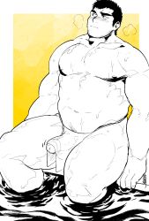 1boy bara blush bulge covering_privates erection erection_under_clothes facial_hair feet_out_of_frame higemorigen highres large_pectorals male_focus mature_male monochrome muscular muscular_male navel navel_hair nipples nude_cover onsen original pectorals penis penis_peek short_hair sideburns solo steam stomach stubble thick_eyebrows thick_thighs thighs topless_male wet yellow_theme