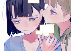 2girls black_hair blank_speech_bubble blue_shirt blush brown_hair closed_mouth commentary drawstring green_eyes highres holding_hands holding_own_arm hood hoodie kachimachi_kosuzu link!_like!_love_live! long_hair love_live! momose_ginko multiple_girls pink_eyes pipi_(m1x_mix) shirt short_hair simple_background speech_bubble symbol-only_commentary white_background yuri