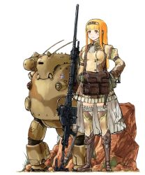 1girl ascot bad_id bad_pixiv_id bag belt blonde_hair blush boots brown_boots camouflage explosive female_focus france frilled_skirt frilled_sleeves frills full_body grenade gun hairband long_hair long_sleeves mars_expedition military military_uniform puffy_long_sleeves puffy_sleeves ribbon robot rock scabbard sheath simple_background skirt solo standing thighhighs weapon weapon_request white_background y_(khakiyawn) yellow_eyes zettai_ryouiki