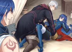 1girl 2boys ameno_(a_meno0) armor bag blue_cape blue_eyes blue_hair blue_tunic blush boots box brand_of_the_exalt bucket cape caught chrom_(fire_emblem) coat couple embarrassed father_and_daughter fingerless_gloves fire_emblem fire_emblem_awakening gloves gold_trim hood hooded_coat looking_at_another looking_back lucina_(fire_emblem) male_robin_(fire_emblem) matching_hair/eyes multiple_boys nintendo on_floor red_cape shoulder_armor sweat tent tiara tunic two-tone_cape white_hair wrist_cuffs
