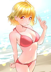 1girl beach bikini blonde_hair breasts cleavage day halterneck navel orange_eyes original outdoors red_bikini short_hair solo standing swimsuit v water yamanaka_kouji_(yanchiki2001)