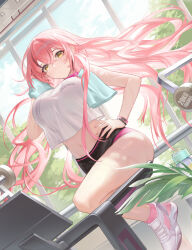 Rule 34 | 1girl, bare shoulders, black shorts, breasts, choker, closed mouth, crop top, crop top overhang, dutch angle, exercising, floating hair, hair spread out, hand on own hip, hand up, highres, indoors, large breasts, leg up, long hair, looking at viewer, midriff, multicolored hair, navel, original, pink choker, pink hair, pink socks, puckered lips, revision, shirt, shoes, short shorts, shorts, sleeveless, sleeveless shirt, sneakers, socks, solo, standing, standing on one leg, stomach, streaked hair, sweat, thighs, towel, towel around neck, treadmill, very long hair, white shirt, white shoes, wristband, yellow eyes, yizhibao