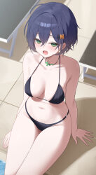 1girl absurdres bare_shoulders belle_(zenless_zone_zero) bikini black_bikini blue_hair breasts commentary_request green_eyes hair_ornament highres jewelry letter_hair_ornament looking_at_viewer medium_breasts n4_h4m navel necklace poolside short_hair solo stomach swimsuit thighs zenless_zone_zero