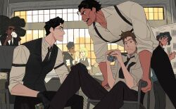 Rule 34 | 1girl, 6+boys, beard stubble, black gloves, black necktie, black pants, black vest, blonde hair, brown hair, chinese commentary, collared shirt, commentary request, cup, dark-skinned male, dark skin, dingnin98201637, eye contact, facial hair, fangs, glasses, gloves, gwen stacy, headband, highres, hobie brown, holding, holding cup, long hair, looking at another, marvel, miguel o&#039;hara, miles morales, multiple boys, necktie, pants, pavitr prabhakar, peter b parker, profile, rubik&#039;s cube, shirt, short hair, sleeves rolled up, spider-man: across the spider-verse, spider-man (series), spider-man noir, spider-verse, stubble, vest, white shirt