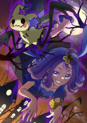 1girl absurdres acerola_(pokemon) aura bare_tree blush commentary dark_aura english_commentary eyelashes floating full_moon gen_7_pokemon gold_armlet hair_ornament highres house medium_hair mimikyu moon night night_sky nintendo pokemon pokemon_(creature) pokemon_sm purple_eyes purple_hair refisa sandals short_sleeves sky smile star_(sky) teeth tree window