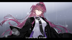1girl alternate_hair_length alternate_hairstyle artist_name black_jacket black_necktie closed_mouth collared_shirt commentary_request earrings eyewear_on_head glasses honkai:_star_rail honkai_(series) jacket jewelry kafka_(honkai:_star_rail) letterboxed long_hair looking_at_viewer necktie pince-nez purple_eyes rain round_eyewear shirt smile solo srpzk sunglasses upper_body white_shirt