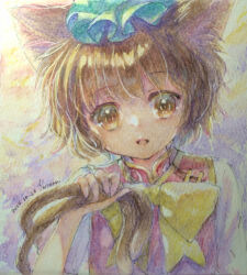 Rule 34 | 1girl, :d, animal ear fluff, animal ears, bow, bowtie, brown eyes, brown hair, cat ears, cat tail, chen, commentary request, frills, gold trim, green hat, grey background, happy, hat, highres, holding own tail, light blush, looking at viewer, mob cap, multiple tails, nekomata, nyonsuke, open mouth, parted lips, red vest, short hair, short sleeves, simple background, smile, solo, tail, tareme, touhou, traditional media, two tails, upper body, vest, watercolor pencil (medium), yellow bow, yellow bowtie