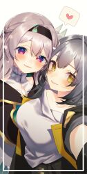 2girls absurdres black_hairband black_jacket black_skirt blush breasts bug closed_mouth commentary_request firefly_(honkai:_star_rail) grey_hair hairband heart highres honkai:_star_rail honkai_(series) jacket long_hair looking_at_viewer mokokiyo_(asaddr) multiple_girls open_clothes open_jacket orange_eyes purple_eyes selfie shirt shirt_tucked_in skirt smile spoken_heart stelle_(honkai:_star_rail) trailblazer_(honkai:_star_rail) upper_body white_background white_shirt yuri