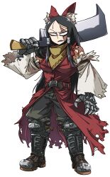 1girl amerika_zarigani armored_boots bags_under_eyes bandana belt black_belt black_hair black_pants boots breasts burn_scar buttons cleaver coat constricted_pupils cookie_(touhou) detached_sleeves full_body gauntlets glaring hakurei_reimu highres holding holding_sword holding_weapon large_breasts long_hair looking_at_viewer pants red_coat scar scar_across_eye scar_on_face sharp_teeth sidelocks simple_background solo standing swept_bangs sword teeth torn_clothes torn_coat torn_sleeves touhou transparent_background v-shaped_eyebrows weapon white_sleeves yellow_bandana yuki_haruka