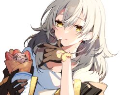 1girl black_gloves commentary cream cream_on_face crepe food food_on_face fruit gloves grey_hair hair_between_eyes highres holding_crepe holding_food honkai:_star_rail honkai_(series) ice_cream_scoop_(utensil) long_hair portrait shirt simple_background solo stelle_(honkai:_star_rail) strawberry symbol-only_commentary trailblazer_(honkai:_star_rail) white_background white_shirt yellow_eyes yotte