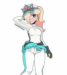 Rule 34 | 1girl, artist name, black gloves, blue eyes, bodysuit, closed mouth, clothes around waist, commentary, commission, earrings, english commentary, gloves, hair over one eye, hat, highres, jacket, jacket around waist, jewelry, long hair, mario (series), mario kart, mario kart world, nintendo, official alternate costume, pigwazowzky, ponytail, rosalina, rosalina (pro racer), smile, solo, star (symbol), star earrings, white background, white bodysuit