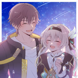 1boy 1girl black_jacket black_ribbon bridal_gauntlets caelus_(honkai:_star_rail) closed_eyes collared_shirt firefly_(honkai:_star_rail) gradient_hair grey_hair hair_between_eyes hair_intakes hair_ornament hair_ribbon hairband honkai:_star_rail honkai_(series) jacket long_hair multicolored_hair neckerchief nekozawa open_clothes open_jacket open_mouth orange_neckerchief ribbon shirt shooting_star short_hair single_bridal_gauntlet sky smile star_(sky) starry_sky teeth trailblazer_(honkai:_star_rail) white_shirt