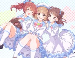 3girls ^_^ black_footwear blonde_hair blue_background blue_bow blue_collar blunt_bangs blush bow bowtie brown_eyes brown_footwear brown_hair chocolate_donut closed_eyes collar commentary double_bun donut dress floating_hair food frilled_collar frilled_dress frills gold_buttons hair_bun hands_on_another&#039;s_shoulders hands_on_own_knees hat heart heart_ornament holding holding_donut holding_food idolmaster idolmaster_cinderella_girls kitami_yuzu kneehighs kneeling leaning_on_person light_blush long_hair long_sleeves medium_hair multiple_girls munakata_atsumi open_mouth pink_bow pink_bowtie polka_dot polka_dot_background ponytail red_hair sailor_collar sailor_hat shiina_noriko short_hair sitting smile socks sparkling_eyes suzuno_(suzuno3110) symbol-only_commentary white_background white_dress white_hat white_socks
