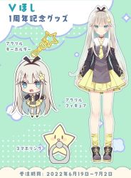 1girl :d bad_id bad_twitter_id bare_shoulders black_choker black_footwear black_shirt blush boots chibi choker closed_mouth collarbone commentary_request green_background hoshi_(snacherubi) long_sleeves necktie open_mouth original pleated_skirt puffy_long_sleeves puffy_sleeves shirt skirt sleeves_past_wrists smile socks star_(symbol) tie_clip translation_request yellow_legwear yellow_necktie yellow_skirt