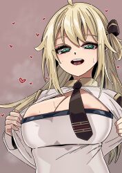 1girl absurdres ahoge blonde_hair blue_eyes breasts breath brown_background daiou_medama duel_monster highres large_breasts long_hair necktie simple_background sky_striker_ace_-_raye solo upper_body yu-gi-oh!
