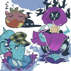:t ;) blank_eyes blank_speech_bubble blue_eyeshadow cactus closed_mouth commentary dusk_lobber_(plants_vs._zombies) english_commentary eye_mask eyeshadow flying_sweatdrops food gelatin gloom-vine_(plants_vs._zombies) green_hat grimrose_(plants_vs._zombies) hat highres leaf looking_at_viewer makeup moonflower_(plants_vs._zombies) murkadamia_nut_(plants_vs._zombies) nightshade_(plants_vs._zombies) no_humans noctarine_(plants_vs._zombies) official_alternate_costume one_eye_closed plaid_hat plant plant_focus plants_vs._zombies plants_vs._zombies_2 red_mask shadow_peashooter_(plants_vs._zombies) simple_background sleep_mask smile sparkle speech_bubble sun sweatdrop thorns thought_bubble travsaus white_background zzz