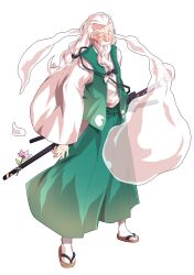 1boy alphes_(style) blush closed_eyes commentary_request dairi embarrassed facial_hair flower full_body geta ghost ghost_print green_vest hakama hakama_pants highres hitodama japanese_clothes kimono konpaku_youki long_hair long_sleeves low_ponytail male_focus mustache old old_man open_clothes open_vest pants parody ponytail sandals scabbard sheath sheathed simple_background socks solo standing style_parody sword tabi tachi-e thick_eyebrows touhou transparent_background vest weapon white_hair white_socks wide_sleeves wrinkled_skin