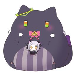 1girl animal_ears black_dress blush_stickers cat_ears character_doll chibi chibi_only doll dress full_body grey_hair hololive long_hair murasaki_shion murasaki_shion_(gothic_lolita) official_alternate_costume shiokko_(murasaki_shion) sidelocks simple_background sitting solid_circle_eyes solo twumi virtual_youtuber white_background yellow_eyes