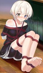 Rule 34 | 1girl, arms behind back, artist name, bang dream!, bang dream! it&#039;s mygo!!!!!, bare legs, barefoot, bdsm, black shirt, blue eyes, blush, bondage, bound, collarbone, covered erect nipples, crotch rope, feet, gag, heterochromia, highres, indoors, kaname raana, knees up, layered sleeves, legs, long sleeves, off shoulder, on floor, ryou@ryou, shibari, shirt, short hair, short over long sleeves, short sleeves, shorts, sleeves past wrists, soles, solo, sweat, toenails, toes, watermark, white hair, white shirt, yellow eyes