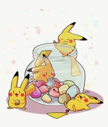 brown_eyes candy closed_eyes commentary_request creatures_(company) ditto drooling food game_freak gen_1_pokemon highres holding jar lying nintendo no_humans on_back petals pikachu pokemon pokemon_(creature) rakkonokawa simple_background sleeping smile white_background