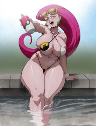 1girl bikini blue_eyes blush breasts can collarbone cowboy_shot earrings hair_slicked_back half-closed_eyes holding holding_can huge_breasts inker_comics jessie_(pokemon) jewelry lips lipstick long_hair looking_at_viewer makeup navel nintendo open_mouth partially_submerged pink_hair pokemon pokemon_(anime) pool sitting smile solo sunglasses_on_head swimsuit thick_thighs thighs water wet
