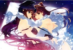 2girls absurdres aqua_eyes bare_shoulders black_hair black_hat breasts brown_eyes brown_hair closed_mouth couple dress dutch_angle elbow_gloves eye_contact floating_hair frilled_dress frills gloves happy hat highres hug large_breasts long_hair looking_at_another medium_breasts multiple_girls nakamura_takeshi non-web_source ogiso_setsuna open_mouth peaked_cap round_teeth short_dress smile straight_hair strap_slip strapless strapless_dress sweatdrop teeth touma_kazusa two_side_up upper_teeth_only very_long_hair white_album_(series) white_album_2 white_dress white_gloves yuri