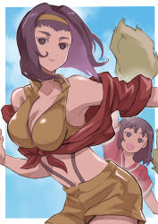 2girls absurdres aged_down bare_shoulders blue_background blue_sky border breasts cheering cheerleader cleavage closed_mouth cloud commentary cowboy_bebop dual_persona faye_valentine floating_hair hairband highres jacket k_katora medium_breasts midriff multiple_girls navel open_clothes open_jacket open_mouth pom_pom_(cheerleading) purple_hair red_jacket red_shirt shirt short_hair shorts sky sleeveless sleeveless_shirt smile solo tied_jacket white_border yellow_hairband yellow_shirt yellow_shorts