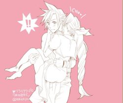 ! !! 1boy 1girl aerith_gainsborough barefoot belt braid braided_ponytail carrying cloud_strife couple cropped_jacket dress final_fantasy final_fantasy_vii hair_between_eyes hair_ribbon hetero injury kiss kissing_neck long_dress long_hair parted_bangs pink_background princess_carry puffy_short_sleeves puffy_sleeves ribbon short_hair short_sleeves sidelocks single_braid sleeveless sleeveless_turtleneck spiked_hair tokiokiyu turtleneck twitter_username