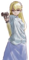 1girl 2024_summer_olympics amalia_lobelia blonde_hair blue_eyes blue_shirt degtyaryov2952 empty_eyes gun handgun highres holding holding_gun holding_weapon long_hair long_skirt long_sleeves meme naraku_x olympics shirt skirt solo sweater turtleneck turtleneck_sweater weapon yusuf_dikec_(meme)