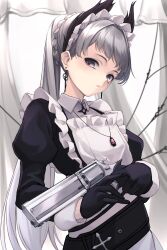 1girl absurdres ambience_synesthesia apron arknights black_dress black_eyes black_gloves braid breasts closed_mouth cross_scar crown_braid dress earrings expressionless gloves grey_hair gun hair_intakes handgun head_wings highres irene_(arknights) irene_(voyage_of_feathers)_(arknights) jewelry juliet_sleeves lantern long_hair long_sleeves looking_at_viewer maid maid_apron maid_headdress nameko_houshi necklace official_alternate_costume official_alternate_hairstyle pendant ponytail puffy_sleeves revolver scar scar_across_eye scar_on_face small_breasts solo sword_earrings upper_body weapon white_apron white_sleeve_cuffs wings