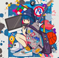 1girl backpack badge bag ball baseball_bat baseball_cap basketball_(object) beanie black_eyes blue_background blue_hair blush border button_badge computer dice electric_guitar from_side full_body grey_hat grey_shirt guitar hat highres holding_strap imac instrument jitome looking_at_viewer looking_to_the_side multicolored_hair nao97122 nike_(company) original outside_border paint_splatter patch paw_print pink_hair revision road_sign rubik&#039;s_cube shirt shoes sign sneakers socks solo squatting sticker streaked_hair streetwear three-quarter_sleeves triple_vertical_stripe white_border white_shoes wide_sleeves yellow_socks