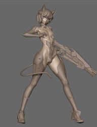 1boy 3d androgynous animal_ears artist_request bare_shoulders blue_eyes bodysuit boots bulge cat_ears curvy fake_animal_ears fake_tail full_body gloves highleg highleg_leotard highres holding holding_weapon homare_nao legs_apart leotard looking_at_viewer male_focus monochrome nipples shiny_skin short_hair simple_background solo standing tail taimanin_(series) taimanin_rpgx trap weapon