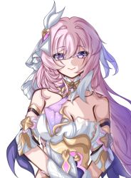 Rule 34 | 1girl, absurdres, ansha da wei, bare shoulders, breasts, chinese commentary, cleavage, collarbone, commentary request, corset, diamond-shaped pupils, diamond (shape), elysia (herrscher of human: ego) (honkai impact), elysia (honkai impact), highres, honkai (series), honkai impact 3rd, large breasts, long hair, looking at viewer, multicolored hair, pink hair, purple eyes, simple background, smile, solo, symbol-shaped pupils, triquetra, two-tone hair, veil, very long hair, white background, white corset, white hair, white veil