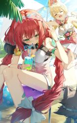 2girls absurdres alice_thymefield alice_thymefield_(sea_of_thyme) animal_ears blonde_hair blush bow braid breasts closed_eyes commentary cup drinking_glass drinking_straw drinking_straw_in_mouth eyewear_on_head green_eyes hair_bow heart heart-shaped_eyewear highres holding holding_cup long_hair maeru medium_breasts multiple_girls open_mouth outdoors rabbit_ears rabbit_girl red_hair sand sitting twin_braids two-tone_one-piece_swimsuit ukinami_yuzuha ukinami_yuzuha_(tanuki_in_broad_daylight) white_bow zenless_zone_zero