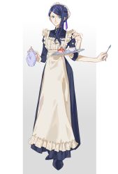 1girl apron blue_eyes dress extra_arms eyelashes full_body gradient_background gunjo_shizuko hair_bun hat highres holding holding_plate holding_spoon long_dress long_sleeves maid nico_robin one_piece plate single_sidelock smile solo spoon swept_bangs white_apron