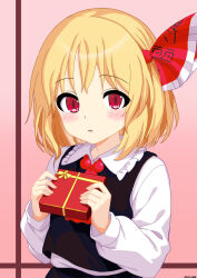 1girl ascot black_skirt black_vest blonde_hair blush collared_shirt commentary dated frilled_shirt_collar frills gift hair_ribbon highres holding holding_gift looking_at_viewer mist9801km open_mouth red_ascot red_eyes red_ribbon ribbon rumia shirt skirt skirt_set solo touhou translation_request valentine vest white_shirt